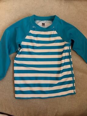 Tea Collection Teal & White Striped Long-Sleeve Rash Guard